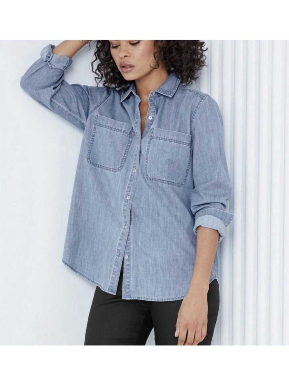 Eileen Fisher Organic Cotton Denim Shirt Women’s XS Blue Button Front Minimalist